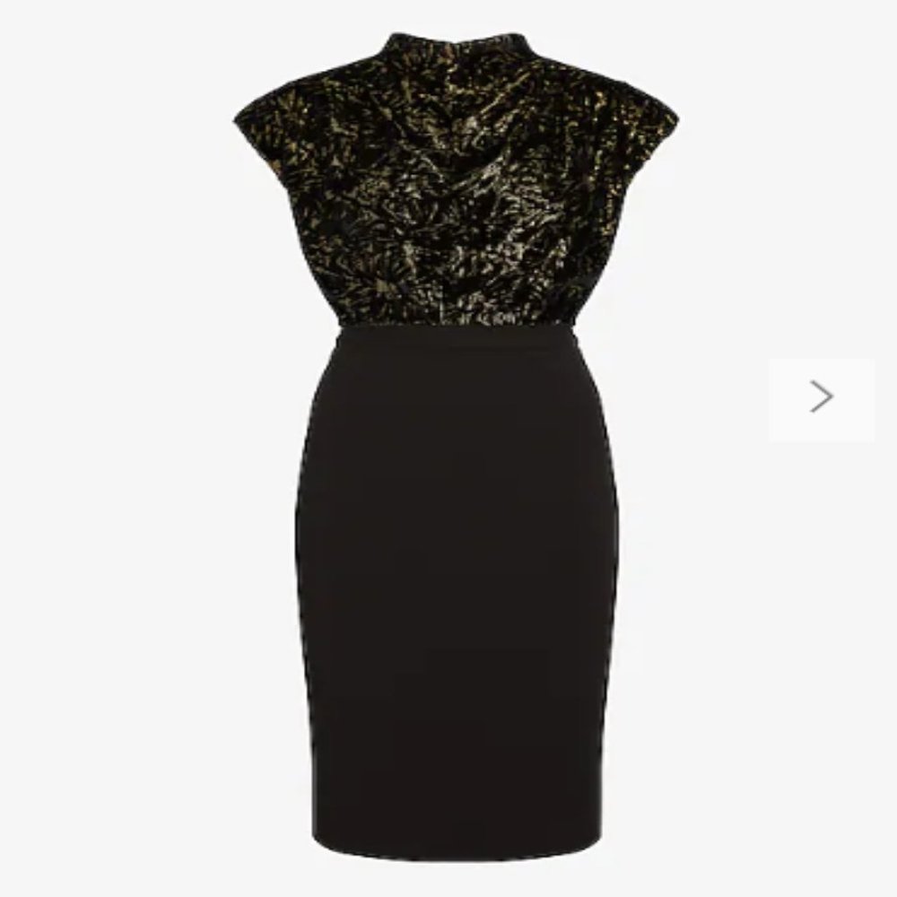 Express Metallic Velvet Burnout Print Draped Mock Neck Midi Sheath Dress